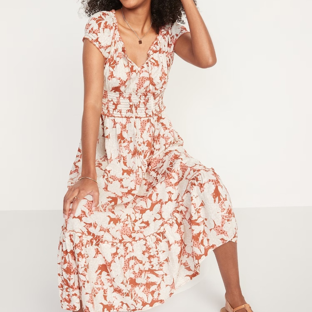 Waist-Defined Smocked Floral-Print Midi Dress